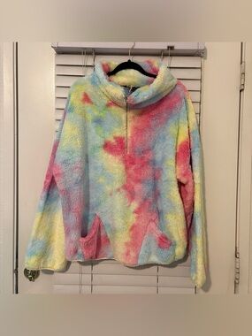 DAVI & DANI Tie Dye Sherpa Quarter Zip Pullover Jacket Women's 2XL Pink Blue Cot